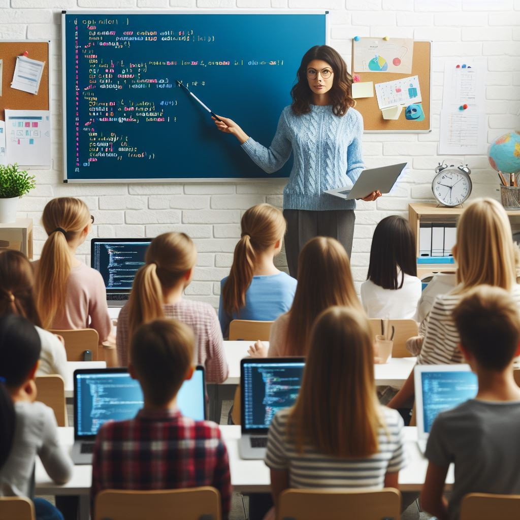 Una persona enseñando algo con un ordenador en una clase llena de alumnos