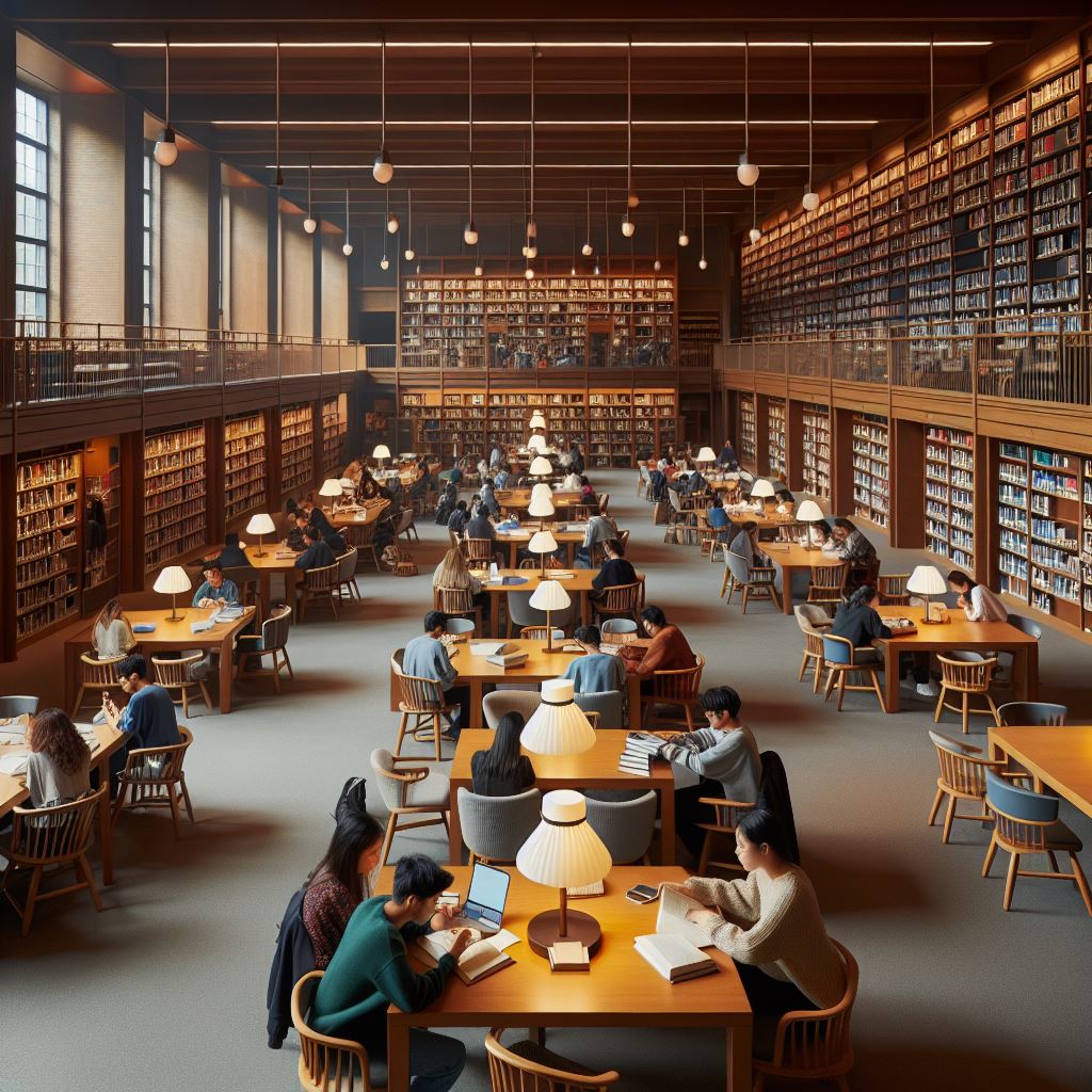 Sala de una biblioteca con personas distribuidas en varias mesas, consultando libros