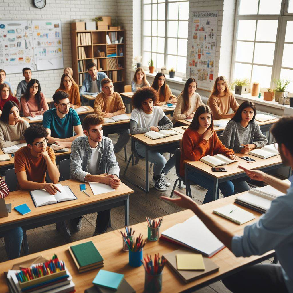 Una clase llena de alumnos con un profesor enseñando