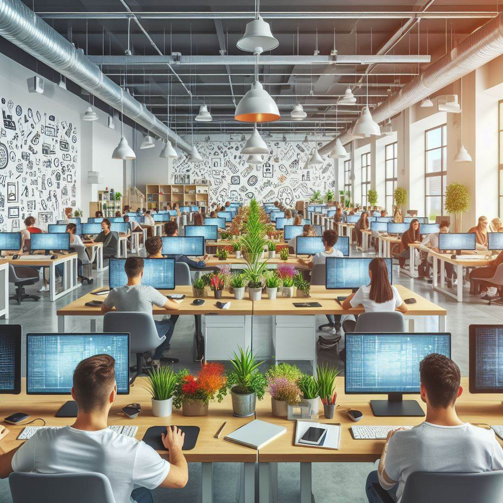 Muchos alumnos trabajando en una sala de ordenadores